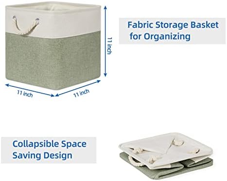 Temary Cube for Shelves 11 Inch Bin 4Pack Fabric Storage Baskets for Organizing Toys, Clothes, Decorative Baskets with Rope Handles (White&Green) - Image 7