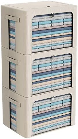 CYhom 3Pack Frame Storage Box - Clothes Storage Bin Bags Oxford Fabric Foldable Stackable Container Organizer Set with Clear Window & Carry Handles Large Capacity (Beige, Extra Large-100L) by CYhom