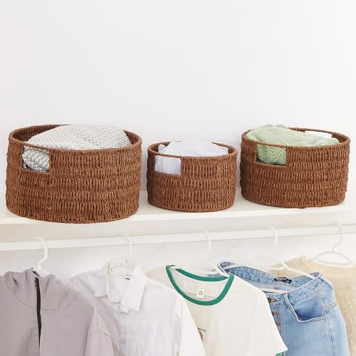 Vagusicc Wicker Storage Basket, Hand-Woven Paper Rope Large Round Woven Basket With Handles, Wicker Baskets for Organizing/Storage, Brown, 3-Pack - Image 4