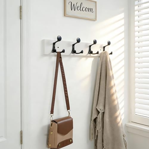 SKOLOO 24-Inch White Wood Coat Rack Wall Mount with 4 Triple Hooks - Ideal for Family Entrances, Classrooms, and Pet Supplies Storage - Perfect Coat Hooks for Wall - Image 2