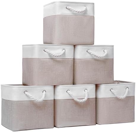 Fabric Storage Cubes 13 x 13, Collapsible Storage Bins for Shelf Baskets, Cube Storage Organizer White Beige Bins with Cotton Handles,Foldable Storage Bin box,Cube Storage Bin 6 Pack by BOFUGA