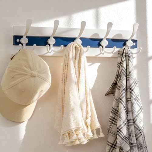 SKOLOO Coastal Wall Mounted Coat Rack - 16-7/8" Beach House Entryway Wooden Coat Hook with 5 Hooks for Hanging Coats, Hats or Towels, Oceanfront Cottage Core Collection, White & Blue, Pack of 2 - Image 4