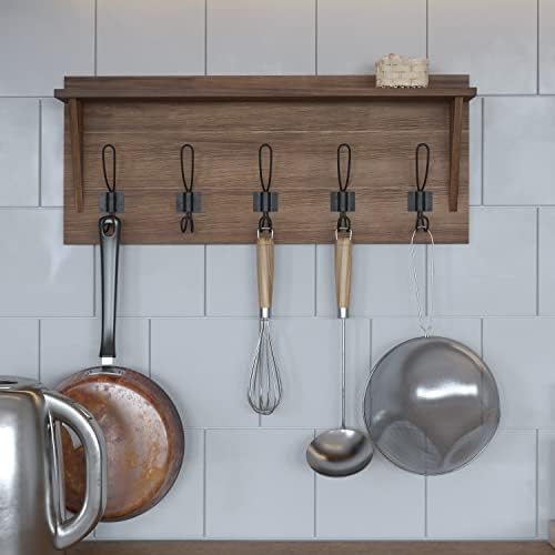 Merrick Lane Enid Hanging Storage Rack - Whitewashed Pine Wood - 24 Inch Wide - 5 Hanging Hooks - Wall Mounting Hardware Included - Image 6