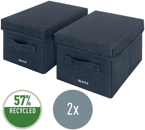 Leitz Fabric Storage Box with Lid, Set of 2 Cube Storage Unit Boxes, Foldable Fabric Ottoman Storage Organiser Box, Velvet Grey, Small, 61460089 - Image 3