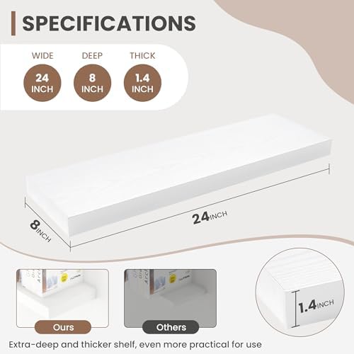 Acovy 24 Inch Floating Shelves, 8 Inch Deep Floating Shelves for Wall, Hanging Shelf with Invisible Brackets, Deep Shelves for Bathroom, Bedroom, Living Room, White, Set of 2 - Image 3