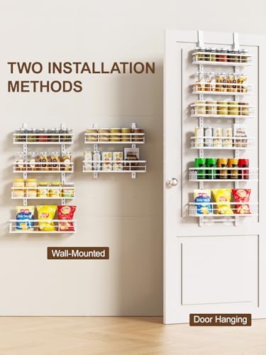 Delamu Over the Door Pantry Organizer, 6 Tier Pantry Door Organizer with Adjustable Basket, Door Spice Rack Seasoning Organizer, Metal Hanging Pantry Organizers and Storage for Kitchen,15.3" White - Image 4