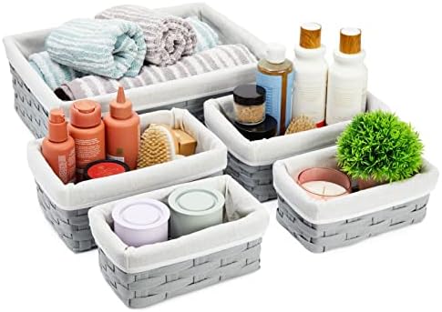 Juvale Wicker Nesting Baskets with Cloth Lining - 5-Pack Gray Rectangular Set - Stackable Storage Bins & Lined Baskets for Organizing Pantry, Closet - Image 6