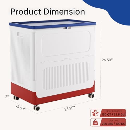 HAIXIN 130QT Large Storage Bin with Lid and Wheels, White-Blue-Red - Image 2