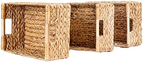 Large Wicker Basket Rectangular with Wooden Handles for Shelves, Water Hyacinth Basket Storage, Natural Baskets for Organizing, Wicker Baskets for Storage 14.5 x 10.3 x 7.5 inches - 3 Pack - Image 5