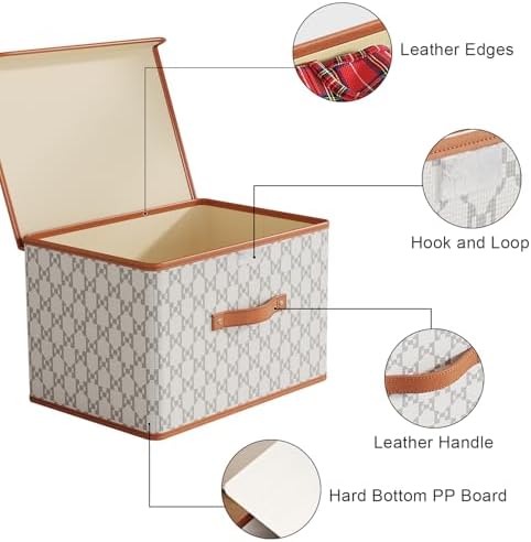 Tuza 2 Pack Fabric Storage Bins with Lids, Collapsible Closet Organizer Container, Decorative Storage Boxes with Lids for Organizing Clothes, Blanket, Grey & White, Extra Large - Image 6