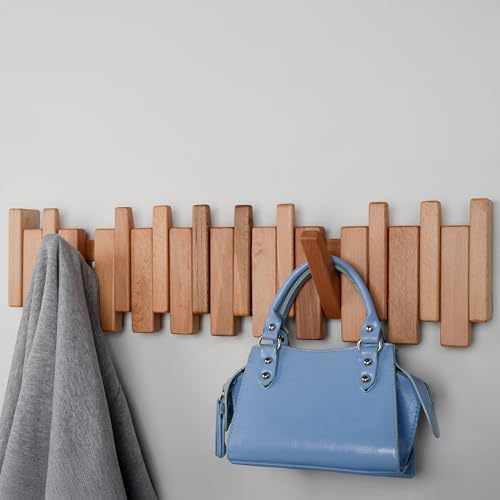 Beech Piano Key Coat Rack with 10 Flip Hooks, Natural - Image 4
