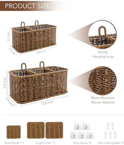 AceList Hanging Wall Basket with Removable Dividers, Set of 2 Woven Storage Baskets - Faux Rattan Wall Mounted Organizer for Kitchen Bathroom, Includes 5 Clear Hooks & 5 No-Mark Nails, Boho Decor - Image 2