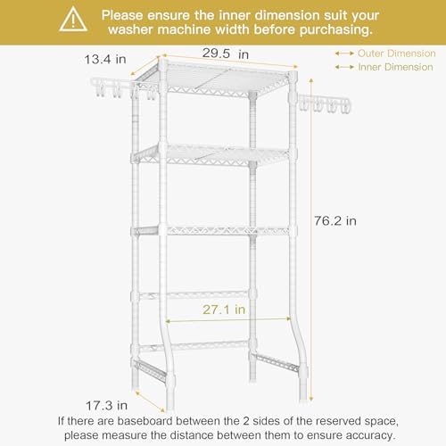 Ulif U8 Mini Laundry Room Storage Organizer, Over The Washer and Dryer Storage Shelves for Laundry Organization, 29.5”W x 17.3”D x 76.2”H, Suit Washing Machine Width Within 27.1”, Hold 304 lb, White - Image 3