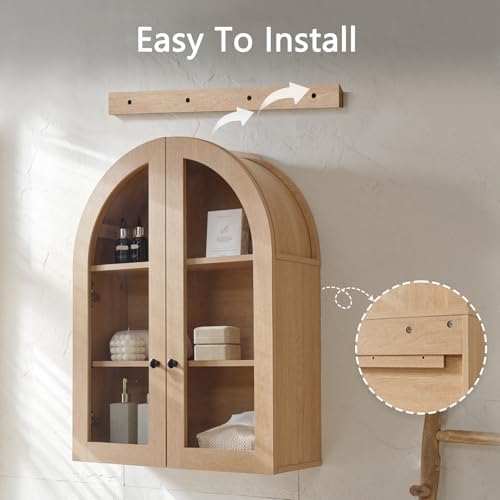 Bathroom Arched Wall Cabinet, 23.5'' Wide Medicine Cabinet, Bathroom Cabinet Wall Mount W/ Glass Doors & Adjustable Shelves, Over The Toilet Storage Cabinet for Laundry Room, Bedroom,Kitchen,Natural - Image 6