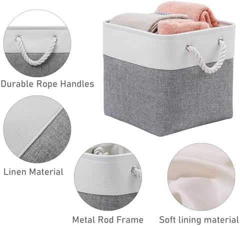 MidmmVick 13 x 13 Inch Cube Storage Bins, 6 Pack Extra Large Collapsible Fabric Storage Bin with Ropes, Foldable Storage Cubes for Home (White & Grey-13"x13"x13") - Image 6