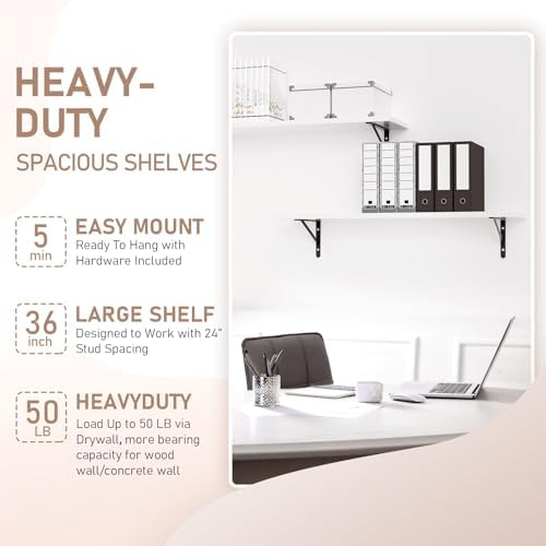 Kaboon 36 inch Long 10 inch Deep Floating Shelves for Wall Set of 2, Large Open Shelves Wall Mounted, Space Saving Home and Commercial Use, White - Image 4