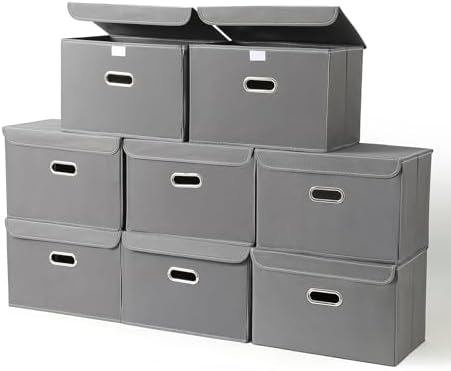 STOREONE Fabric Storage Cube Bins Foldable Organizer Container Collapsible Basket with Lids and Metal Handles, for Home, Bedroom, Closet 8 Pcs (Grey) by STOREONE