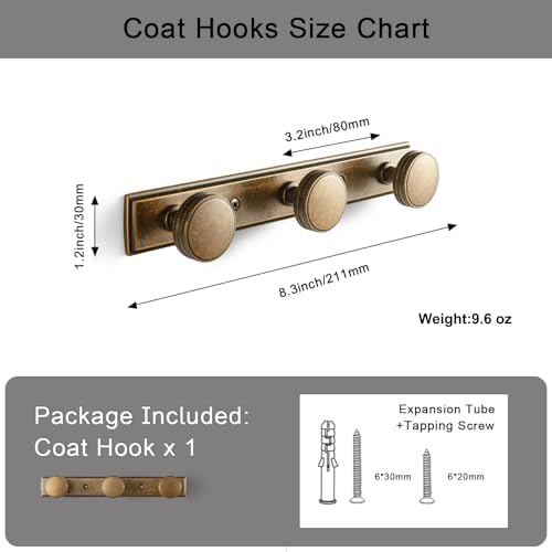 Goo-Ki 1 Pack Antique Brass Coat Rack Wall Mount Heavy Duty, Vintage Brass Towel Rack Zinc Alloy Coat Hooks Wall Mounted for Bag Hat Clothes Scarf - Image 4