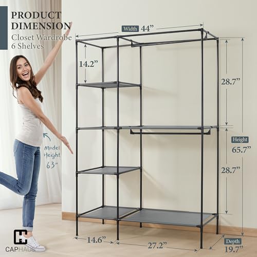 Fencer Wire Heavy Duty Garment Rack W/Fabric Cover, Clothing Storage Organizer Rack, Covered Portable Closet Wardrobe Clothes Rack for Hanging Clothes, Wardrobe Rack W/Cover, 44-Inch Wide, 6 Shelves - Image 2