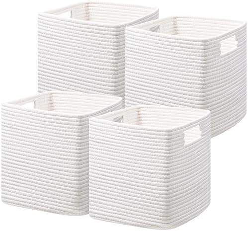 UBBCARE Storage Cubes 11 Inch, Cotton Rope Woven Baskets for Organizing, Cube Storage Bin for Baby Nursery, 4-Pack Square Toy Storage Baskets for Shleves Organizer, Closet, Kidsroom, White by UBBCARE