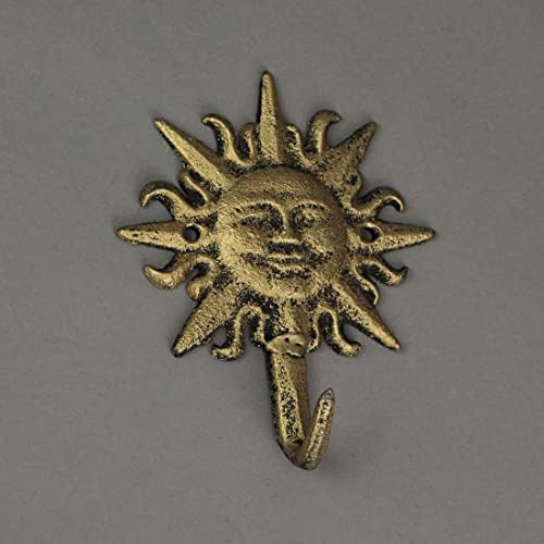 Zeckos Set of 3 Sun Face Wall Hooks, 6 Inch Gold Cast Iron - Image 4