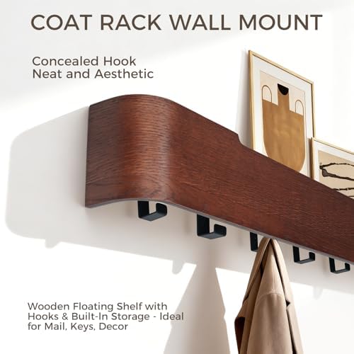 Coat Rack Wall Mount with Shelf Entryway Shelf Modern Key Holder Hanger Wall Shelves with Hidden Hooks for Hanging Towels Coats Hats Bags for Hallway Bathroom Bedroom(Walnut Color, 5 Hooks) - Image 4
