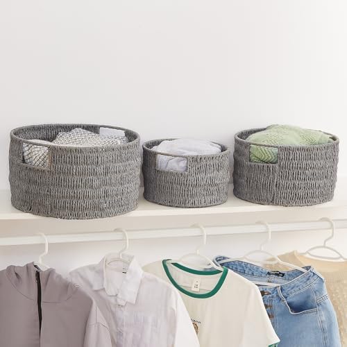 Vagusicc Wicker Storage Basket, Hand-Woven Paper Rope Large Round Woven Basket With Handles, Wicker Baskets for Organizing/Storage, Grey, 3-Pack - Image 7