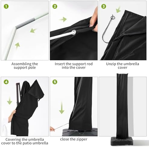 Cantilever Patio Umbrella Cover with Zipper and Pole, Black - Image 6