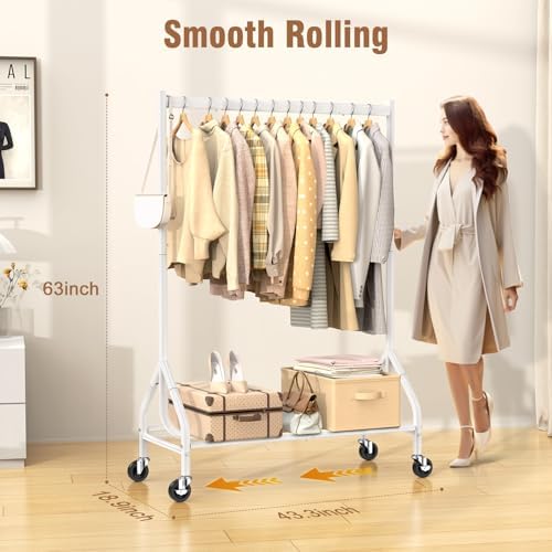 EAGMAK Heavy Duty Clothes Rack Load 420 LBS, Rolling Garment Rack with Lockable Wheels, Standing Metal Clothing Rack with Shelves, Portable Wardrobe Sturdy Coat Rack for Hanging Clothes (White - Image 5