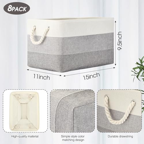 meekoo 8 Pack Fabric Storage Bins Baskets, 15 x 11 x 9.5 in, Mixed Gray - Image 2