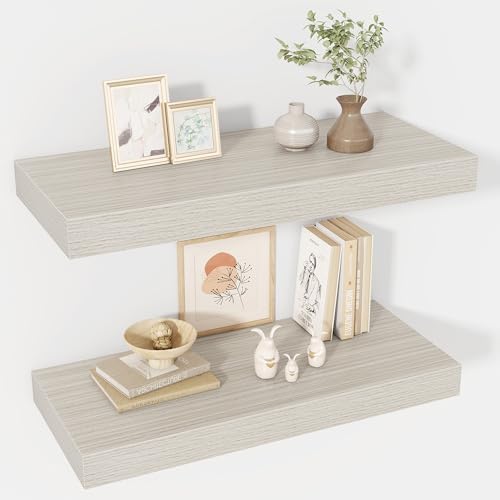 Acovy 24 Inch Floating Shelves, 12" Deep Floating Shelf Wall Mounted, 24" Wall Shelves, Rustic Deep Bookshelf, Extra Deeper & Thicker Display Shelves for Bedroom, Living Room, Gray, Set of 2 by Acovy