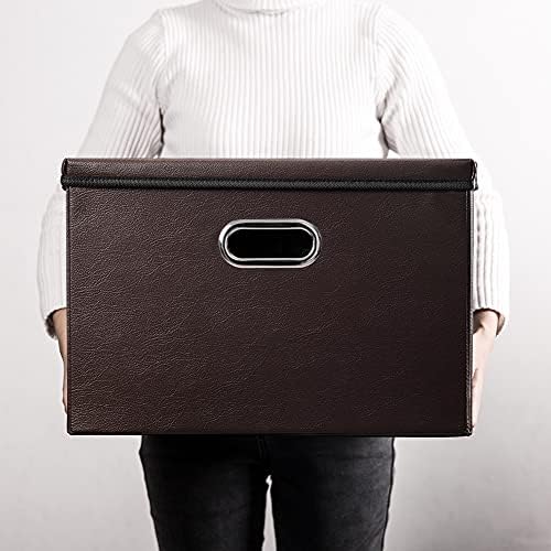 PRANDOM Large Foldable Storage Bins with Lids [3-Pack] Leather Fabric Collapsible Storage Boxes Organizer Containers Baskets Cube with Cover for Home Bedroom Closet Office Brown(17.7x11.8x11.8) - Image 7