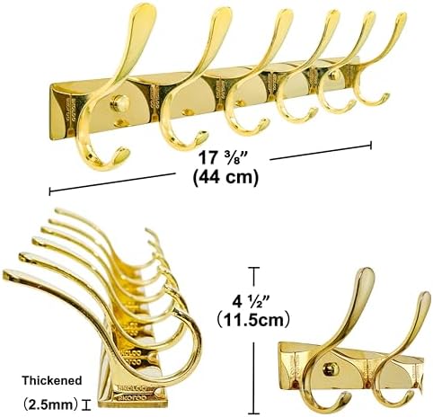 SKOLOO Coat Rack Wall Mounted - 6 Hooks, Pack of 2, Heavy Duty, Stainless Steel, Metal Wall Hangers, Sturdy Coat Hooks for Hanging Coats, Jacket, Clothes, Hat, Bright Gold - Image 6