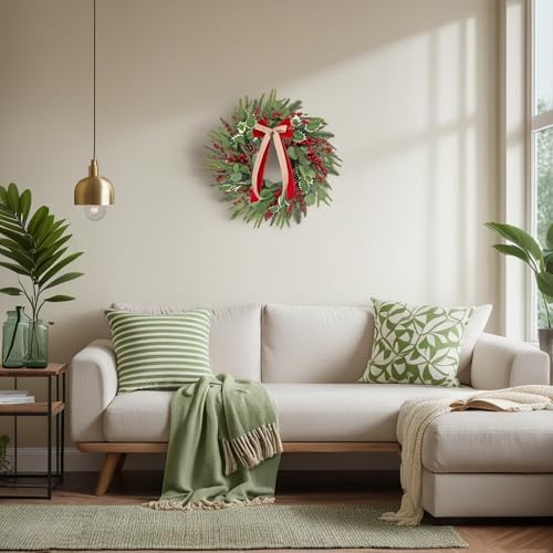 Front-Door Christmas Wreaths with Bow: 24 Inch Red Berry Pine Wreath Comes with Storage Bag - Durable Outdoor Winter Wreath Creating Warm Xmas Vibes - Easy Storage & Gifts Ready Instantly - Image 6