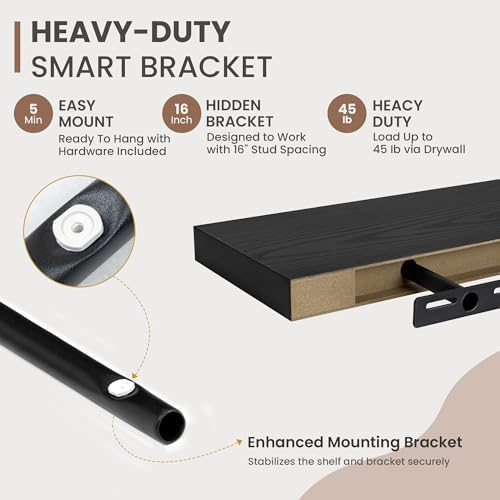 Acovy 40 Inch Floating Shelves, 8 Inch Deep Floating Shelves for Wall, Hanging Shelf with Invisible Brackets, Deep Shelves for Bathroom, Bedroom, Living Room, Black, Set of 2 - Image 4