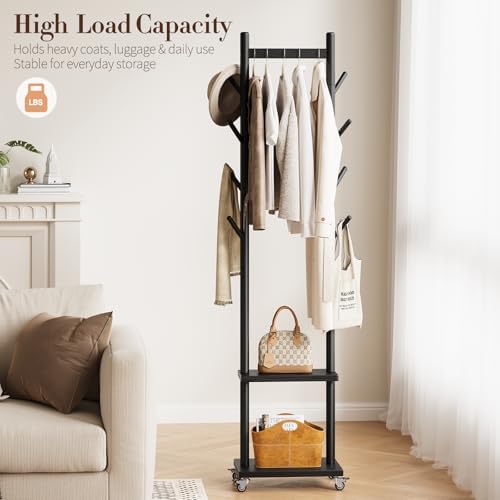 Yoobure Solid Wood Coat Rack Freestanding - Rolling Clothes Rack with 8 Hooks & Shelves, Small Clothing Rack with Wheels, Heavy Duty Clothing Racks for Hanging Clothes, Portable Hall Tree for Entryway - Image 4