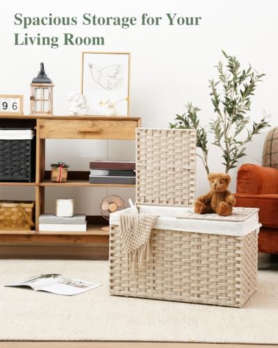 SETVSON Storage Basket with Lid 105L PE Rattan Storage Bin Light Khaki - Image 3