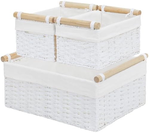 Vagusicc Wicker Storage Basket, Set of 3 Hand-woven Storage Baskets for Organizing, Large Cube Storage Organizer Baskets Bins with Handles for Shelves Decor, Small Toilet Paper Storage Basket, White by Vagusicc