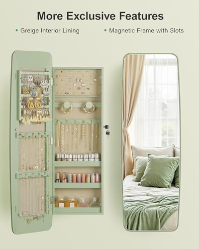 Nicetree Rounded Mirror Jewelry Cabinet, Lockable, Wall Mounted, Green - Image 3