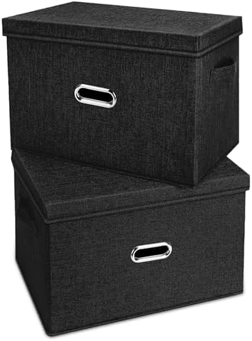 Large Linen Fabric Foldable Storage Bins with Removable Lid and Handles, Washable Storage Box Organizer Containers Baskets Cube with Cover for Bedroom,Office(Black, Extra Large(2-Pack)) by Unknown