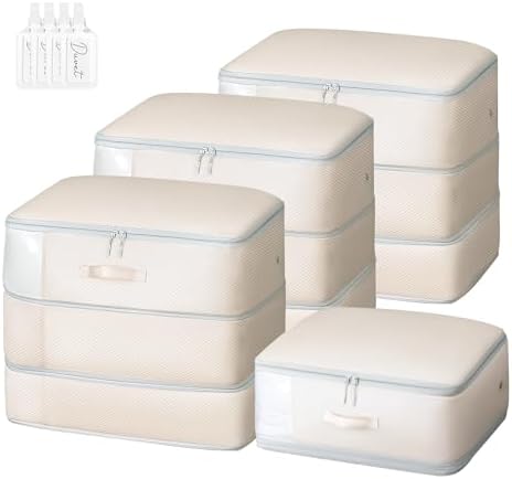 Comforter Storage Bag - Large Capacity Blanket Storage Bags 3-Layer Ultra Space Saving Self Compression Organizer, Washable Compression Bags for Storage Comforter Blanket, 4-Pack, Beige by EasortmPackingCubes