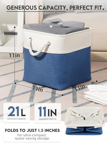 Temary Cube Storage Baskets 11x11, Set of 6 Decorative Fabric Bins with Metal Frame Around the Top Rim, Sturdy Collapsible Organizers for Closet, Office (White & Dark Blue) - Image 2