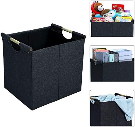 HOONEX Collapsible Storage Bins, 13x13x13in Storage Cubes Linen Fabric, 3 Pack, Storage Baskets with Wooden Carry Handles and Sturdy Heavy Cardboard, for Home, Office, Car, Nursery, Dark Grey - Image 2