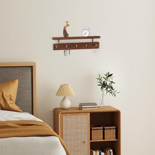Solid Wood Shelf with Hooks, 15 inch Coat Rack Wall Mount, Shelves with 5 Brass Hooks for Hanging in Entryway, Living Room, Bathroom, Bedroom, Kitchen(Walnut) - Image 5