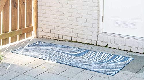 Unique Loom Outdoor Modern Collection Area Rug - Pool (2' x 6' 1" Runner, Blue/ Ivory) - Image 2