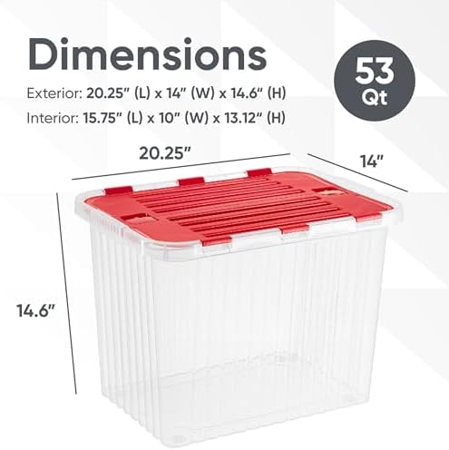 Superio Red Storage Box with Red Hinged Lids, Plastic Container Bins for Organizing with Attached Lid, Stackable Crates, BPA Free, Organizers for Home and Office, 53Quart (20.25"x14"x14.6") - Image 2