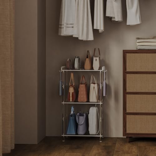 HMYHUM Acrylic 3-Tier Purse Organizer, Floor-Standing Handbag Rack with 6 Side Hooks, Clear Large-Capacity Handbag Holder for Closet - Image 6