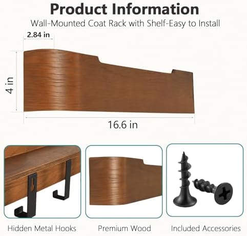 Coat Rack Wall Mount with Hidden Hooks Modern Key Holder Wood Entryway Hook with Shelf for Bedroom Kitchen Hallway Bathroom Designed for Hanging Coats Hats Bags Towel Dog Leashe(Walnut,4 Hooks) - Image 3