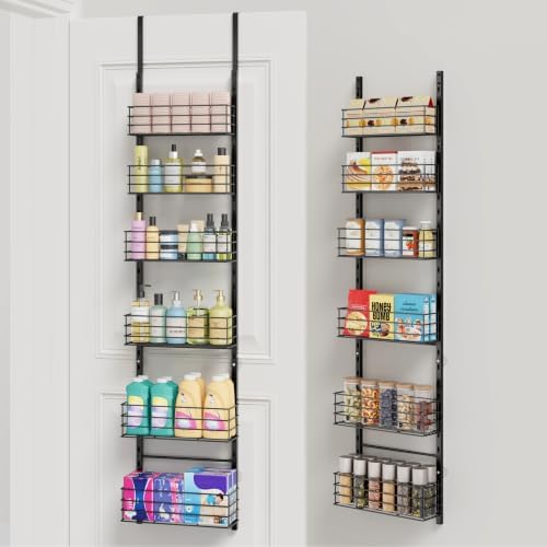SWTYMIKI Over The Door Organizer - Door Organizer Hanging with 6 Adjustable Metal Large Capacity Basket, Wall Mounted Shelf for Bedroom Closet Bathroom Laundry Pantry Cabinet Kitchen(Black) by SwtyMiki-TidyHomeSweetLife