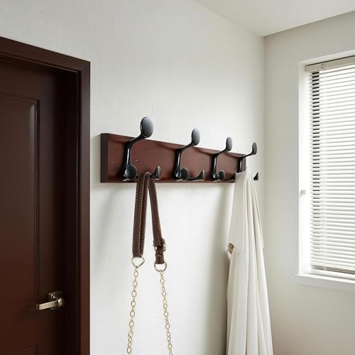 WEBI Coat Rack Wall Mount,24" Solid Wood Coat Hooks Wall Mounted Coat Hanger,16" Hole to Hole,Heavy Duty Hook Rack Rail,4 Triple Hooks for Hanging Coats,Jacket,Clothes,Hat,Backpack,Cherry - Image 2
